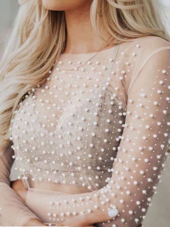 Windsor Tops - Windsor Pearl-Embellished Sheer Top in Nude